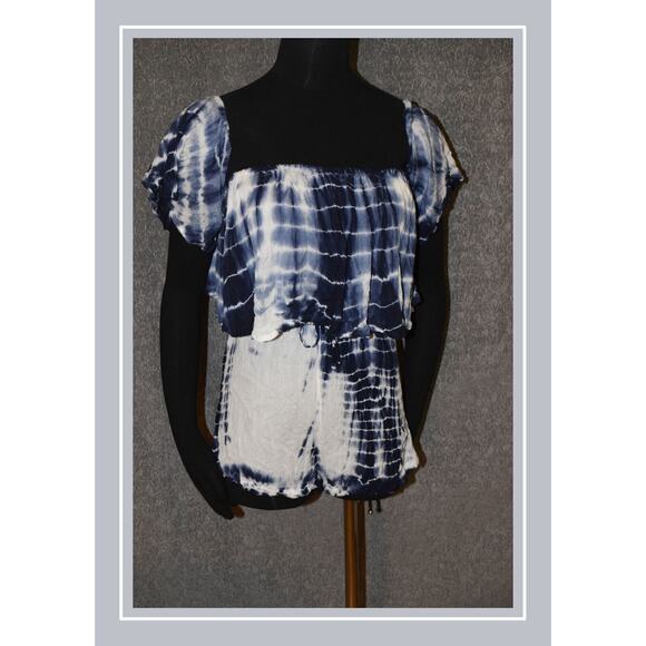 18 Centimeters Blue Tie Dyed Broomstick Cap Flutter Sleeve Romper Jumpsuit SZ M - Picture 1 of 8